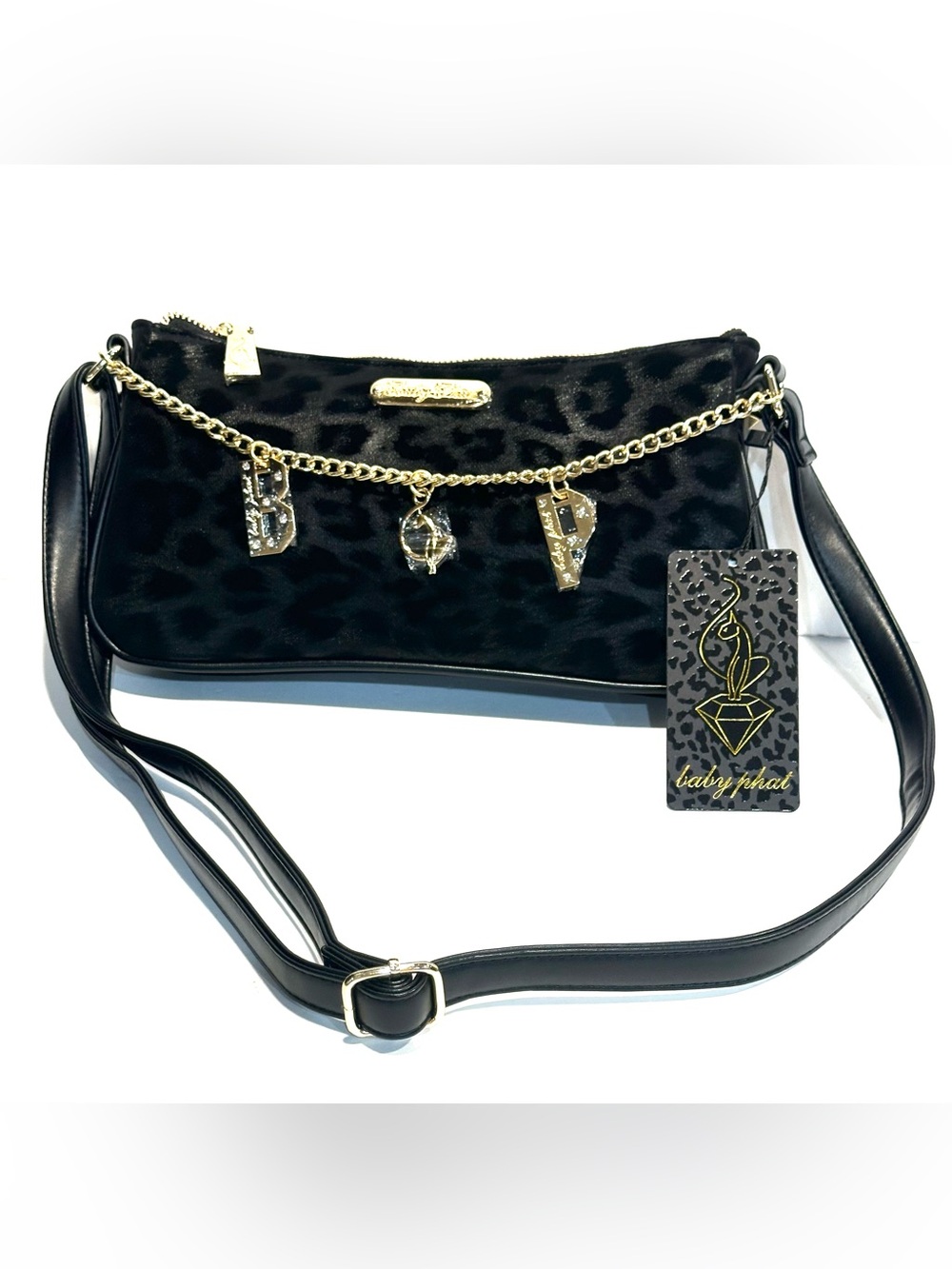 Baby Phat Black Leopard-Print Crossbody Bag with Gold Chain Charm